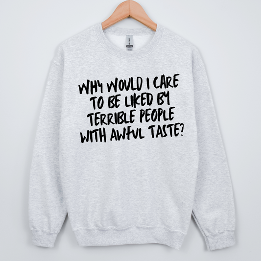 Gray sweatshirt with black text on a light blue background
